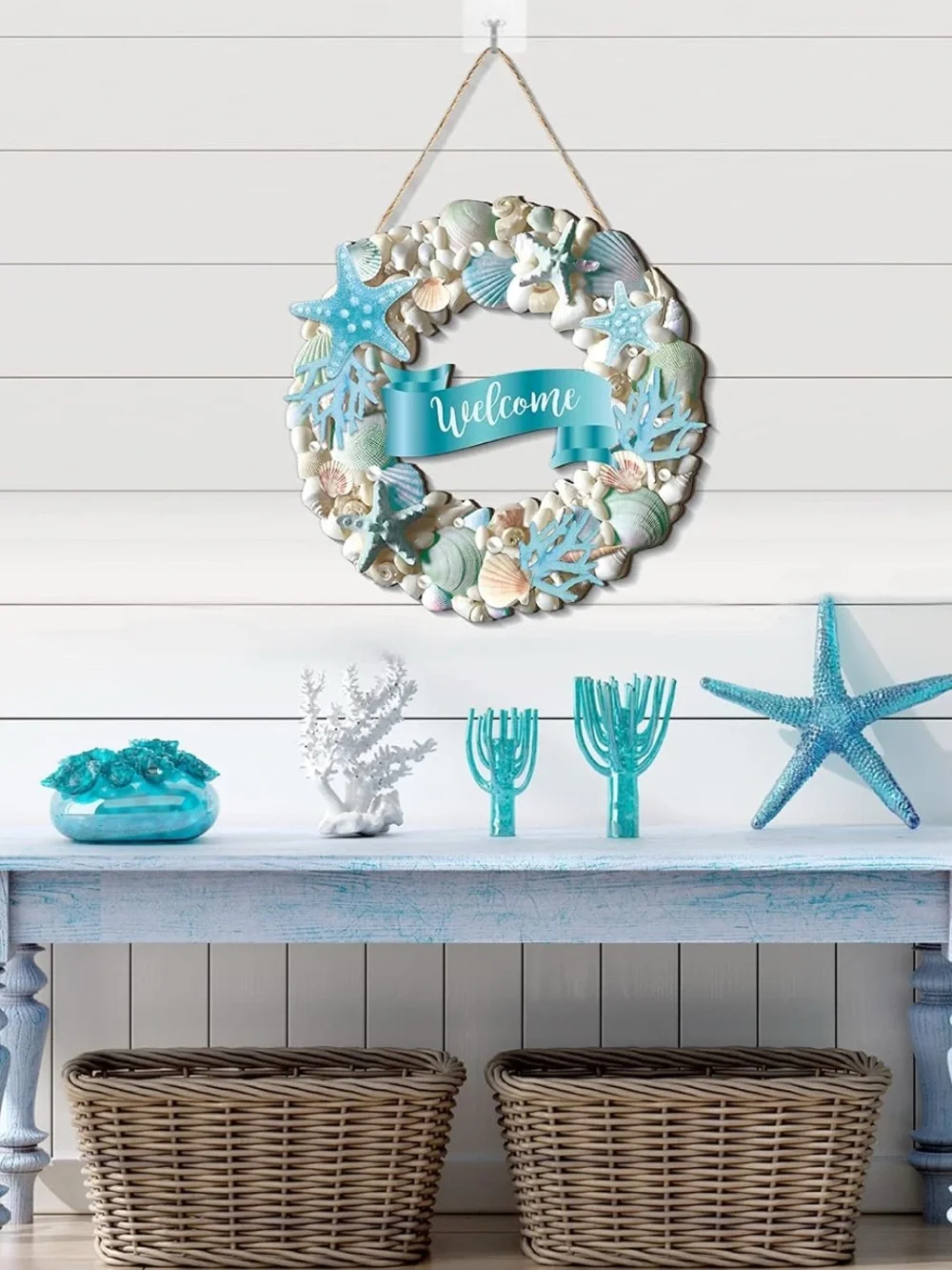 Two Coastal Welcome Seashell Wreath in Blue and Cream